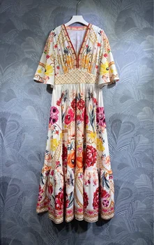2023 Весенне-летнее шикарное женское высококачественное платье с цветочным принтом, расшитое бисером C061