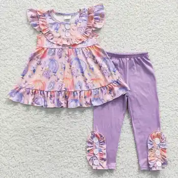 2023 Новое обновление RTS NO MOQ Baby Boutique Фиолетовая одежда для детей, тыква, комплекты из 2 предметов, одежда с цветочным рисунком для малышей, наряды