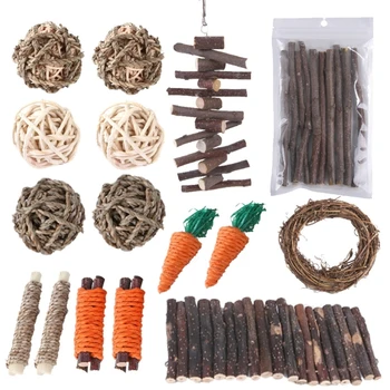 25 шт. жевательная игрушка для зубов с кроликом, шарики из сена, деревянные палочки, веточки, травяные жвачки.