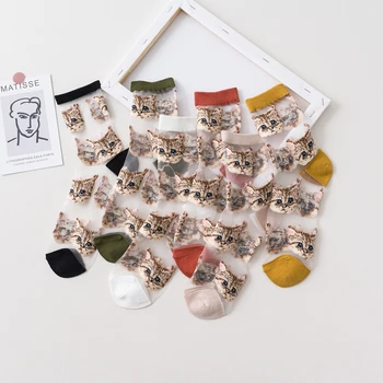 3 пары = 6 штук Прохладных прозрачных женских носков с милым котом, дышащие женские летние тонкие шелковые носки Kawaii для женщин, прямая поставка