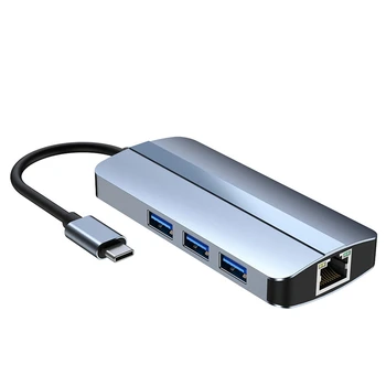 6-В-1 USB C Концентратор Док-станция Type C USB-концентратор USB3.0 RJ45 1000 Мбит/с Устройство чтения карт SD TF PD Зарядное устройство мощностью 100 Вт, совместимое с HDMI