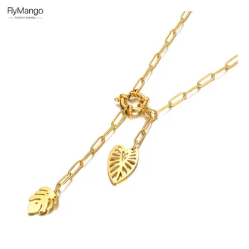 FlyMango Новые ожерелья с подвесками из нержавеющей стали, модные 18-каратные позолоченные листья, очаровательное богемное вечернее ожерелье для женщин FN22042
