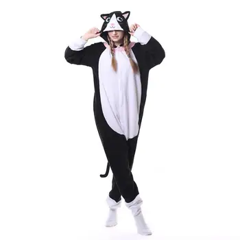 HKSNG/ Зимняя теплая одежда с изображением животного Черного кота Кигуруми для взрослых, косплей, костюм на Хэллоуин, пижама с капюшоном