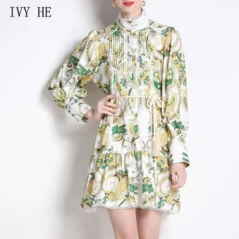 IVY HE / Модные кружевные женские платья в стиле пэчворк, новинка 2023, мини-короткое платье со стоячим вырезом и рукавом-фонариком, французский шикарный халат.