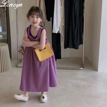 Lenoyn Новое детское платье Летнее платье-слинг для девочек, детская фиолетовая майка, юбка-слинг из двух частей