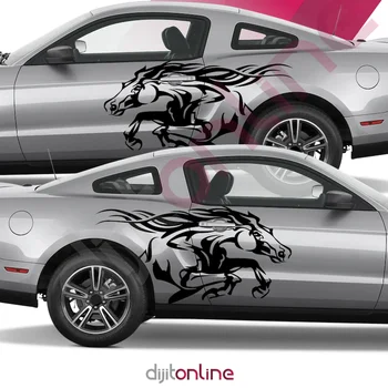 x2 Horse Running Подходит для татуировки Mustang Pony в стиле гранж, племенной дизайн двери, кровати, пикапа, грузовика, виниловой графической наклейки