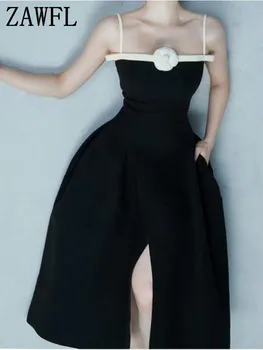 ZAWFL 2023 Летнее новое женское платье однотонного цвета с вырезом лодочкой и высокой талией без рукавов с бантом на бретельках-спагетти Модное платье с разрезом