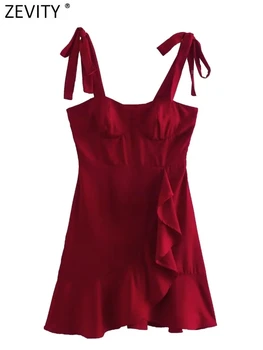 Zevity Женская мода, Однотонные складки, оборки, нерегулярное платье-слинг, женский шикарный ремешок-бабочка, молния сбоку, мини-платье DS3523