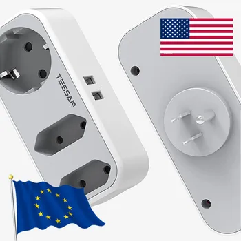Адаптер для Путешествий TESSAN Европа-США с 3 Розетками и 2 USB-Портами Типа B для Америки, Канады, Таиланда, Мексики, Адаптера Зарядного Устройства
