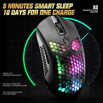 Беспроводная мышь X2 двухрежимная игровая мышь с разрешением 12000 точек на дюйм, 7 клавиш, полая беспроводная мышь с RGB-подсветкой для настольного ноутбука