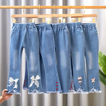 Весенне-осенние Детские Ковбойские штаны Для маленьких девочек, Джинсы для маленьких девочек, Повседневные Джинсы Для девочек, Детская одежда, Детские Джинсы-клеш