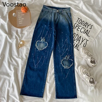 Весенне-осенняя уличная одежда Love Hearts, свободные джинсовые брюки с вырезами, женские винтажные джинсы в стиле хип-хоп, женские шикарные брюки в стиле панк с высокой талией