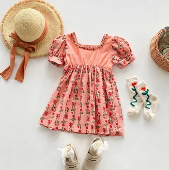 Детская одежда для маленьких девочек во французском стиле 2023, летнее новое платье для девочек с пузырчатыми рукавами, детские платья принцессы с короткими рукавами и цветочным рисунком