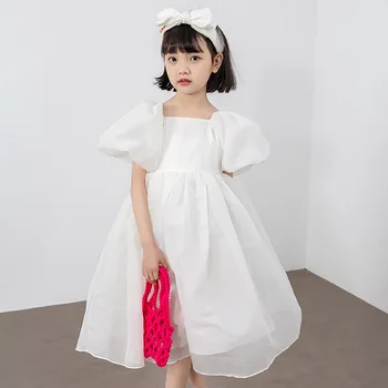 Детское платье с рукавами-пузырями, белое платье принцессы, новинка 2023 года, летнее корейское детское платье, сетчатое платье для девочек