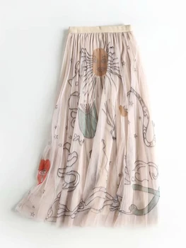 Длинные юбки для женщин, мода 2023, Новая сетчатая юбка трапециевидной формы с цветочным рисунком и высокой талией, весенняя повседневная женская юбка из черного милого тюля