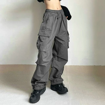 Женские брюки-карго в стиле ретро со спортивными карманами, широкие джинсовые брюки Y2K, комбинезон, высокая талия, винтажная серая свободная уличная одежда, мешковатые джинсы
