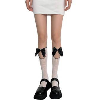 Женские кружевные носки до колена с декоративным вырезом в виде банта, мягкие повседневные эластичные носки-трубочки, высокие чулки для уличной одежды