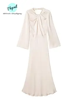 Женское атласное макси-платье с вырезом без спинки и узлом, женские Элегантные расклешенные осенние длинные платья с длинным рукавом, уличное платье для леди для вечеринок