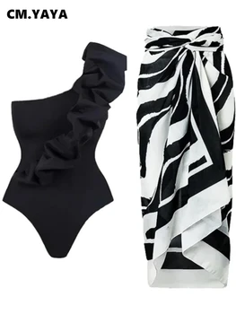 Женское боди с оборками на одно плечо, прямая юбка с драпировкой на талии, модный комплект из двух предметов, пляжный купальник