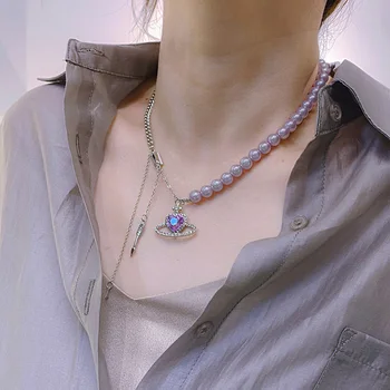 Женское фиолетовое ожерелье с имитацией жемчуга, чокеры, блестящее хрустальное ожерелье с подвеской в виде сердца Планеты, ювелирные изделия для свадебной вечеринки, подарки