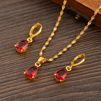 Золотое ожерелье Серьги Ювелирные наборы Дубай Красный циркон Подарочные подвески для женщин