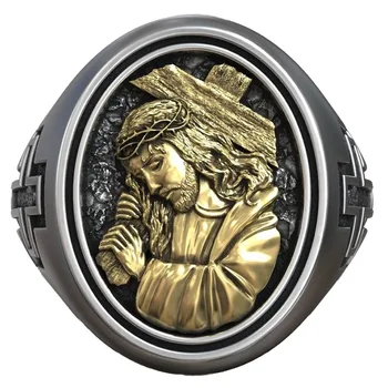 Иисус Христос Крест Терновый венец Печатка Религиозное Искусство Рельефное Кольцо Кольцо из чистого стерлингового серебра 925 пробы