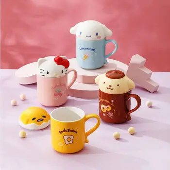 Керамическая чашка для воды Sanrio Керамическая чашка Cinnamoroll Purin с крышкой Милая кружка Кофейная чашка Детская чашка для молока Мультяшная чашка для питья