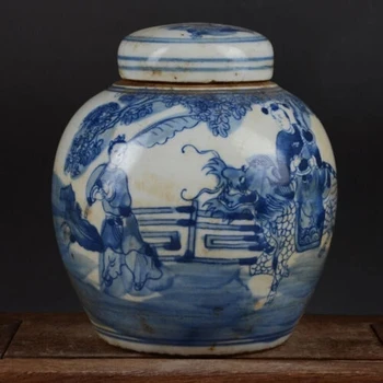 Китайский сине-белый Фарфоровый кувшин Qing Kylin & Kid Design Pot Tea Caddy 6,3 