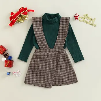 Комплекты весенней одежды для маленьких девочек, зеленые топы с длинным рукавом и высоким воротом + модная юбка на подтяжках, от 1 до 5 лет