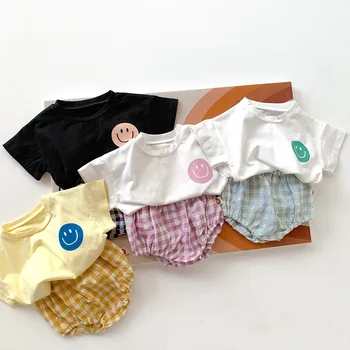 Корейская детская одежда для малышей Летние Тонкие Мужские И Женские Детские Милые смайлики, Короткие брюки с большими ягодицами, костюм из хлопка в иностранном стиле