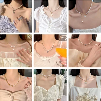 Корейское Элегантное ожерелье из жемчужных бусин для женщин, Дамская мода, ожерелье с подвеской в виде сердца из горного хрусталя, колье, ошейник, ювелирные изделия Kpop