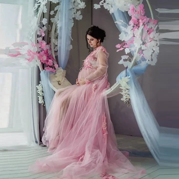 Красивое Розовое 3D Цветочное Тюлевое Платье Для беременных, Сексуальное Прозрачное Свадебное платье С V-образным вырезом и Длинными Рукавами Для фотосессии, Платья Для Беременных С Цветами