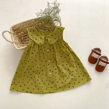 Летнее платье без рукавов в горошек для маленьких девочек в стиле ретро 2023, платье с кукольным воротником, детская одежда для девочек