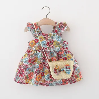 Летнее платье для девочек, Милое хлопковое платье, юбка принцессы, одежда для маленьких девочек, Пляжное платье, сумка, одежда для девочек от 1 до 3 лет