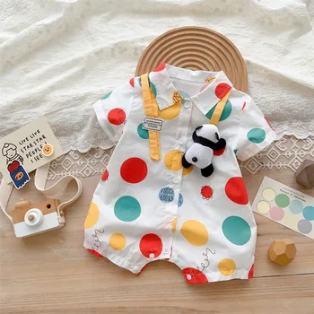 Летние детские комбинезоны в разноцветный горошек для мальчиков, комбинезоны с коротким рукавом, одежда для новорожденных в тонком стиле, детская одежда