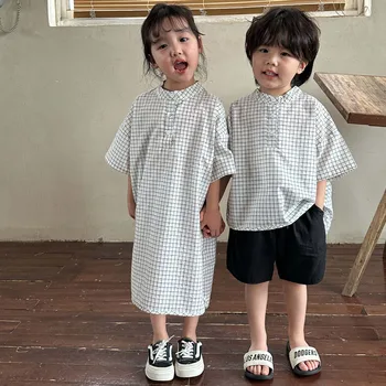 Летние детские повседневные комплекты Унисекс 2023 года, одежда в корейском стиле, комплекты брюк для мальчиков с короткими рукавами, платье для девочек, костюм-двойка