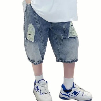 Летние джинсы для мальчиков с большими дырками, джинсы для мальчиков, шорты в повседневном стиле для детей, детская одежда для подростков 6 8 10 12 14