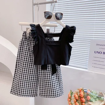 Летние комплекты детской одежды для девочек 2023, Новый топ-камзол, Клетчатые широкие брюки, 2 предмета, модная одежда для малышей, костюм