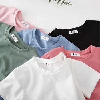 Летние модные однотонные футболки для девочек, футболки, хлопковые топы для мальчиков с коротким рукавом, Корейские повседневные детские рубашки, одежда для 2-8 лет