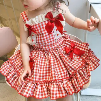 Летняя мода для маленьких девочек, хлопковая Красная клетка, галстук-бабочка без спинки, кружевные ремешки, платье в стиле Лолиты, милые наряды для детей, одежда для 2-8 лет