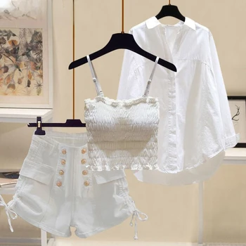 Летняя Новая кружевная плиссированная майка на бретелях, Белая рубашка, сексуальные мини-шорты, комплект элегантных женских брюк из трех предметов, повседневная одежда