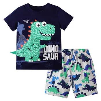 Летняя одежда, детская футболка с принтом динозавра, комплект из двух предметов для мальчиков, футболка с коротким рукавом, детская одежда