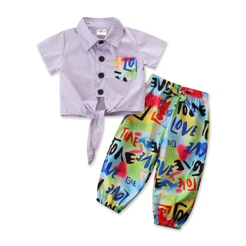 Летняя одежда для маленьких девочек, 2 предмета, рубашка с коротким рукавом + брюки с завязками, комплект летней одежды на 2-6 лет