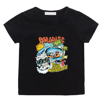 Летняя футболка Paradise Skeleton из 100% хлопка С коротким рукавом, Повседневная футболка с Рисунком Каваи, Футболка с Графическим Принтом Для мальчиков и девочек