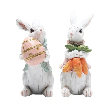 Милый Пасхальный кролик с яйцами, морковью, Кроликом в яичной скорлупе, Статуэткой кролика из смолы, украшением домов, Пасхальным украшением 2023