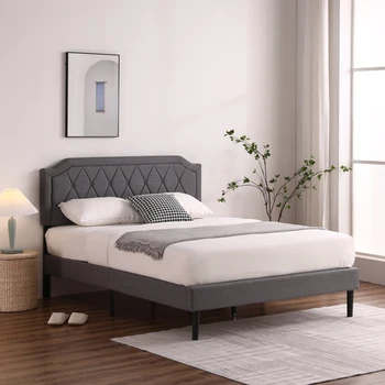 Многоразмерный каркас кровати, двуспальная кровать с мягкой обивкой, односпальная кровать, регулируемая по высоте кровать с обивкой из хлопка и льна, темно-серый