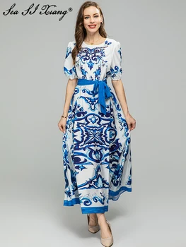 Модное дизайнерское летнее женское платье Seasixiang с круглым вырезом, рукавом-фонариком, хрустальным поясом, сине-белое винтажное платье с фарфоровым принтом