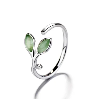 Модное кольцо с зеленым листом, женские простые кольца для пальцев с опалом, Регулируемые Посеребренные украшения для женщин и девочек