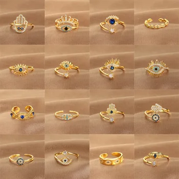 Модное Открытое кольцо на удачу От Турецкого сглаза Для женщин Золотого цвета Кольца На палец Регулируемые Обручальные Украшения В богемном стиле Подарки для вечеринок