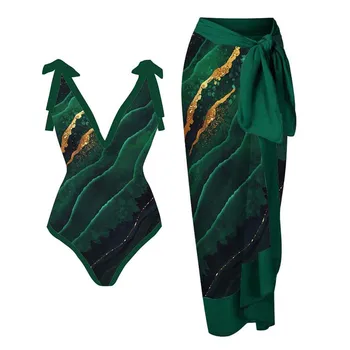 Модный зеленый текстурированный купальник с принтом, сексуальный женский купальник на бретелях с V-образным вырезом, 2023, нерегулярная шнуровка, прикрытие